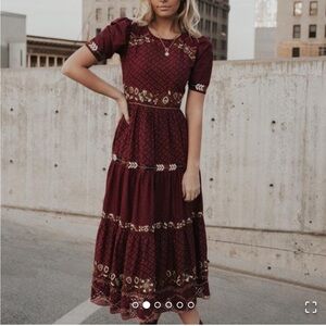 Bohme Burgundy Floral Embroidered Maxi Dress